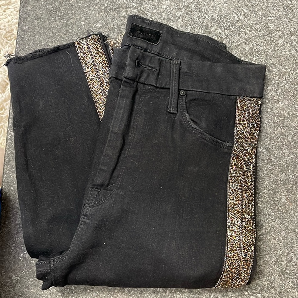 Mother ankle fray embellished black jeans